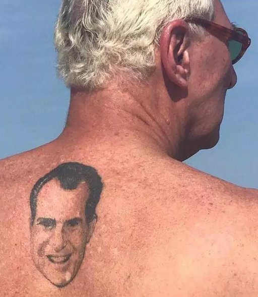 Richard Nixon tattoo on Roger Stone's back right between his shoulder blades