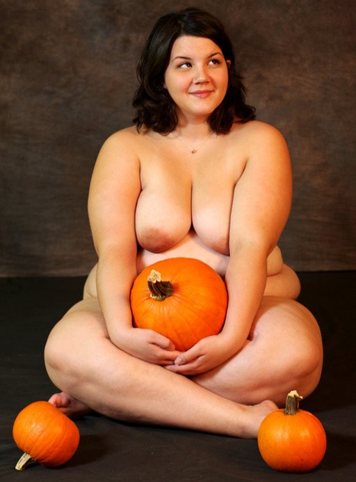 BBW plump woman naked with big tits and pumpkins