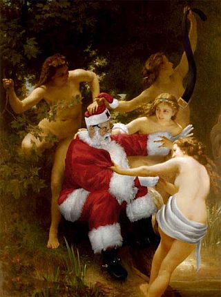 santa clause seduced and stripped by nymphs - with apologies to William-Adolphe Bouguereau and his nymphs and satyr