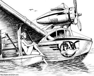 nude girl on pontoon of a seaplane