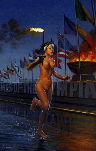 nude woman running the olypmic torch