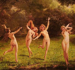 naked girls frolicking in a forest clearing