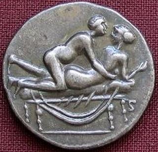 roman brothel coin showing anal sex