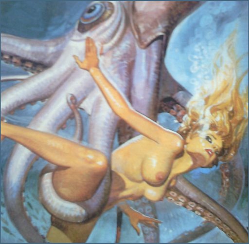 helpless nude woman swimmer in tentacles of a giant squid