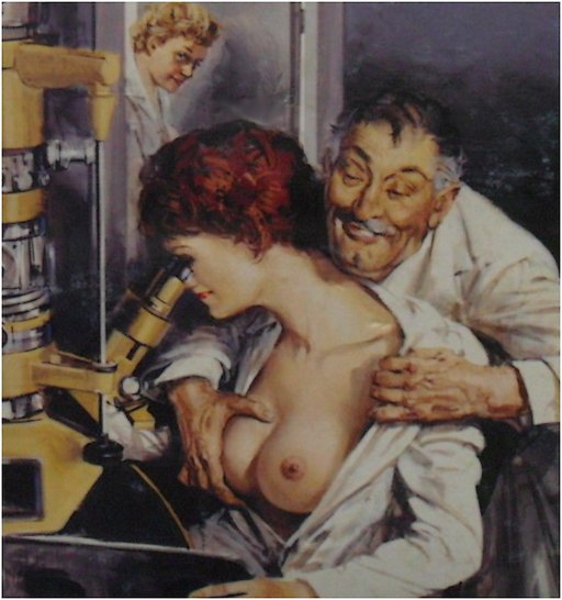 busty woman scientist being groped as she peers into a microscope