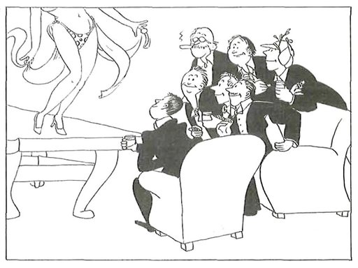 seven well-off men ogling a single table dancer