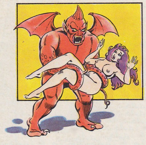 tentacle-armed gargoyle carrying a naked woman