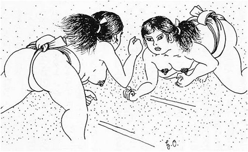 bare breasted sumo wrestling ladies from Kitan Club illustration