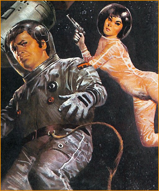 naked woman in see-through spacesuit that shows her pubic hair holding a gun while a male astronaut begins to drift away with a snapped tether