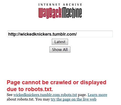 Internet Archive Wayback Machine page showing a Tumblr blog where robots.txt is blocking access