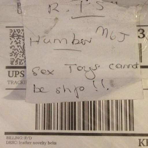 \"Return To Sender: Sex toys cannot be ship!!\"