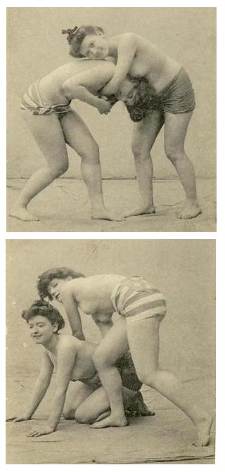 vintage French postcard images of bare-breasted women wrestling