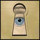 eye of peeping tom is visible through bedroom door keyhole