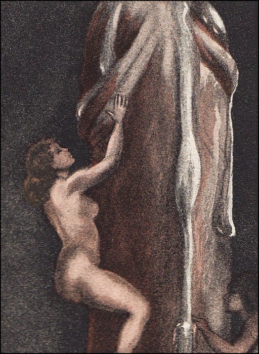 two women kissing and climbing an enormous phallus with semen pouring down it in glistening ropes and rivers and droplets