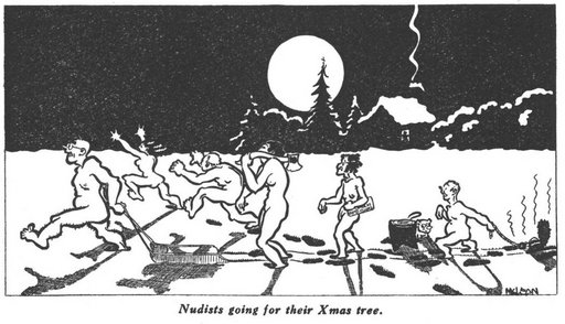 nudist camp comic getting the christmas tree on a cold snowy night