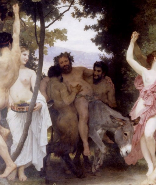 drunken bacchus being helped onto or off of a donkey he's too intoxicated to ride