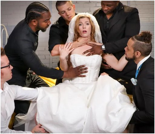 bridal gangbang scene setup with five guys putting their hands on the bride