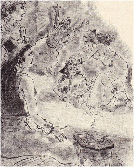 two female sorcerers watch as three more women dressed for the harem wrestle and catfight and possibly seduce one another