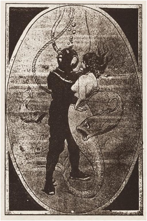 deep sea diver and mermaid trying to kiss