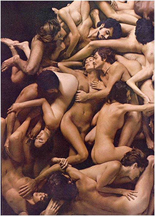 a large pile of naked bodies entwined in an artful orgy pose for 1970s Playboy