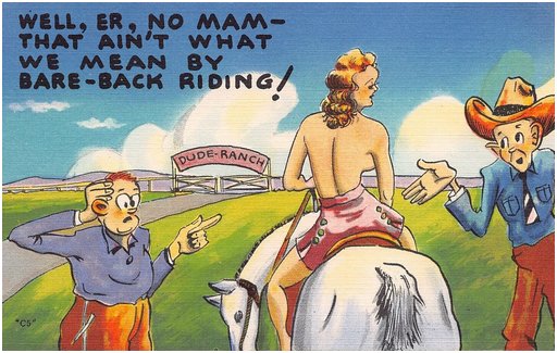 comical vintage postcard nude on horseback