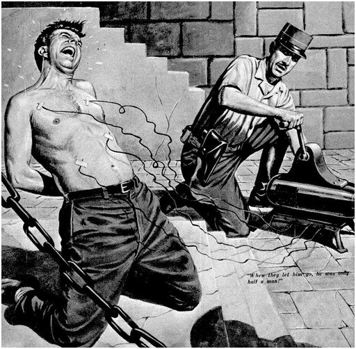 bound man being tortured with electrical leads on his chest and nipples - pulp illustration