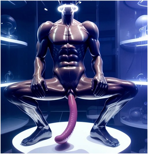 absolutely buff male-equipped sex robot with ripped abs and a canine predator head pattern