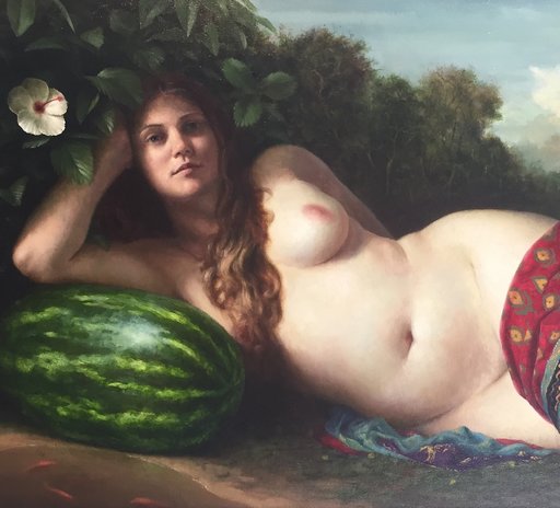 nude with big tits and an even bigger watermelon