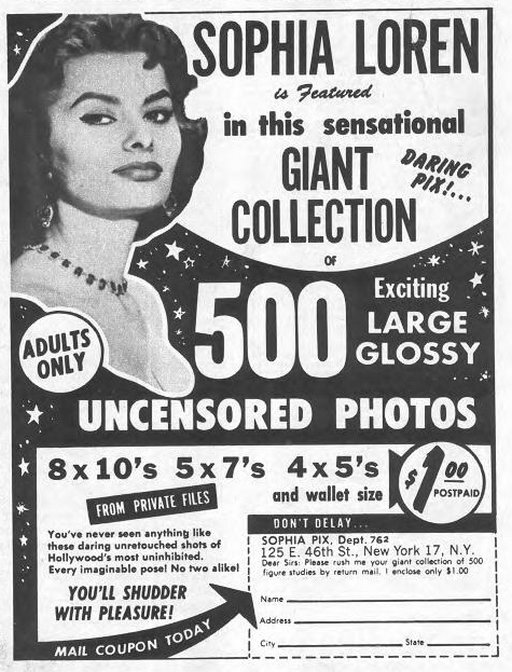 magazine ad for lurid photos supposedly including Sophia Loren