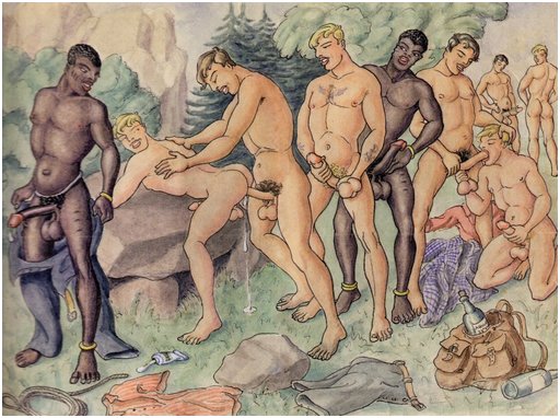 large interracial gay orgy artwork