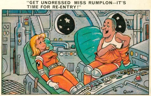 spaceman taking off his suit and making a lewd proposition to a suited-up woman astronaut