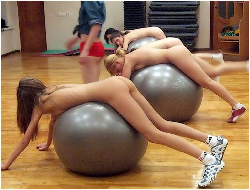 five women five girls five slim young women bent over exercise balls