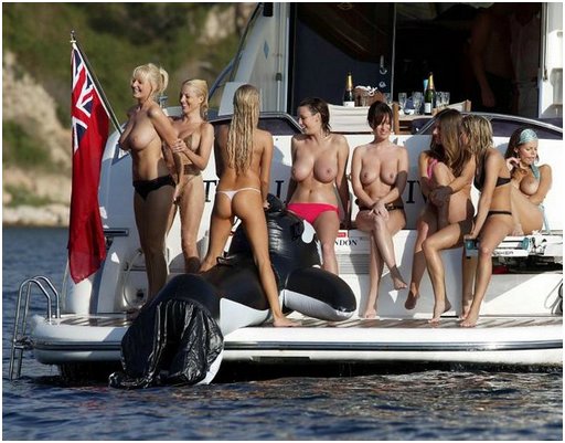 8 women topless playing yacht bunnies on a mega yacht