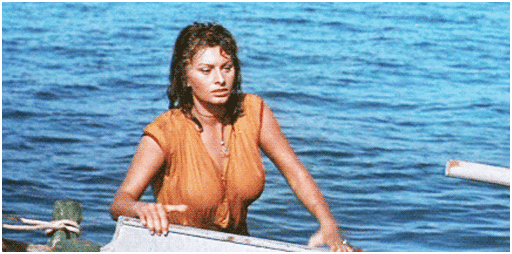a few frames of animation of sophia loren getting out of the water and showing a lot of nipple through her thin wet blouse