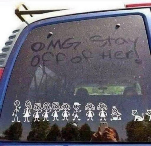 stay off of her written in the dirt of family car -- eight kids