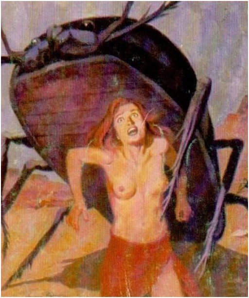 half-naked woman in the remains of a red dress runs for her life from some sort of huge scifi bug monster