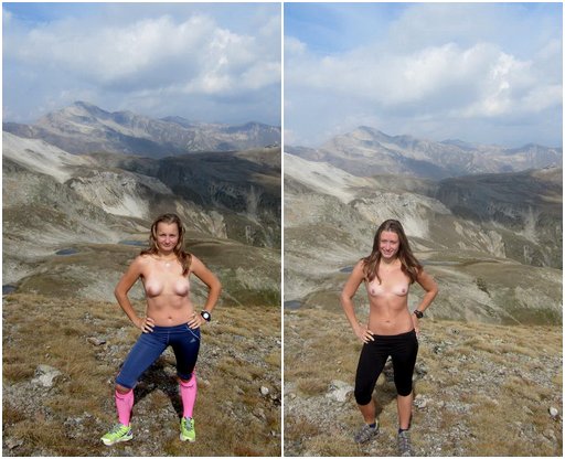 two topless hikers who took each others photo on the mountain top