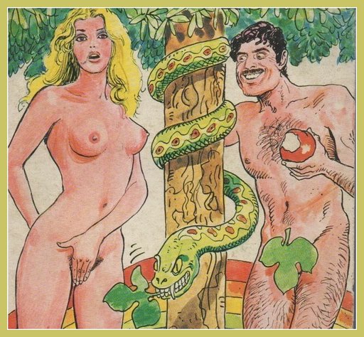 leering adam looking at eve with newly discovered lust in his eye