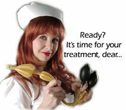 Enema nurse Laurel brandishes a double balloon rectal catheter