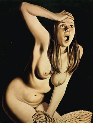 naked lady with basket, amazed or afraid