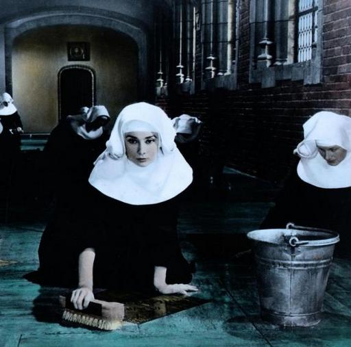 audrey hepburn as a nun scrubbing floors on her hands and knees