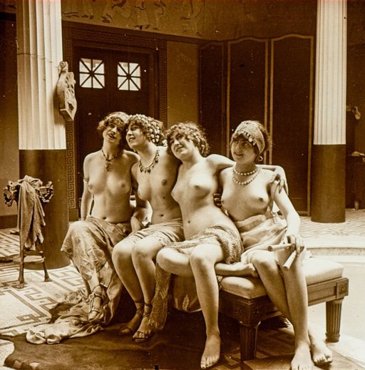 four topless bacchus worshippers in a fancy classical mansion