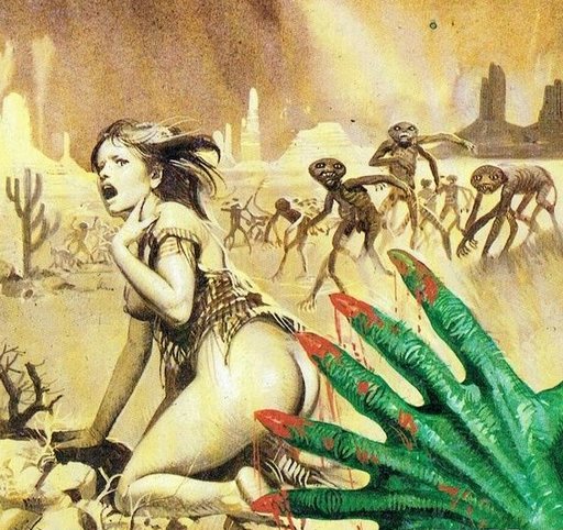 half-naked woman fleeing from alien mutants in a desert landscape