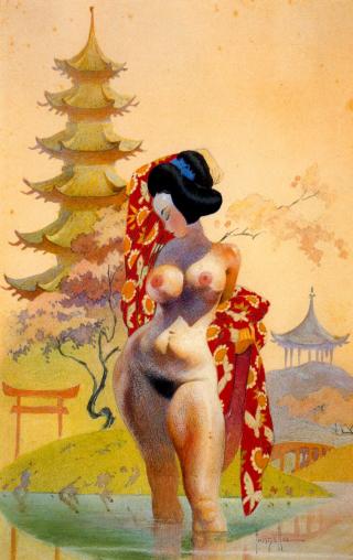 nude geisha bathing in pond