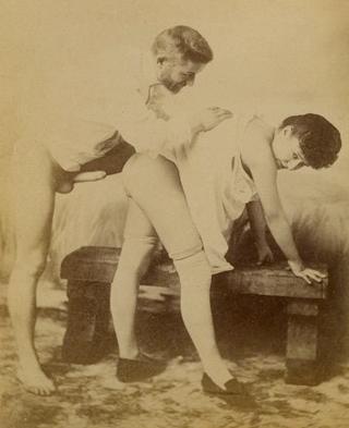 vintage man bending a woman over for a boning