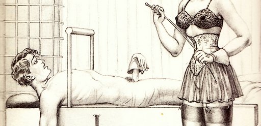 helpless man about to get riding crop whipped by dominatratix