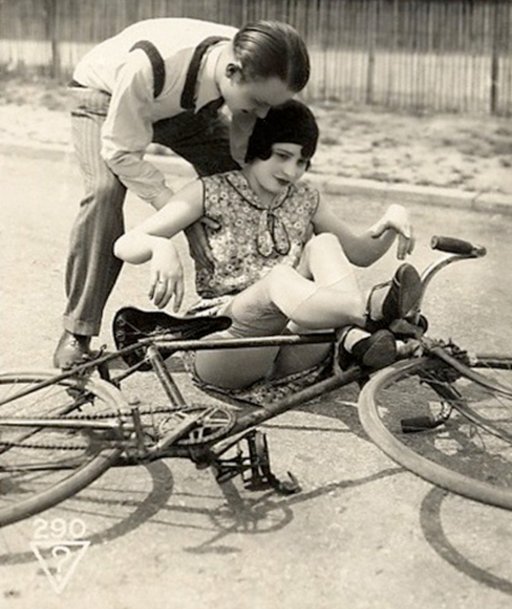 vintage postcard of a bicycle accident