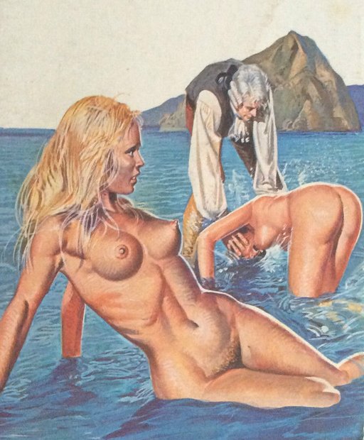 sinister man holding naked woman underwater as if he is trying to drown her