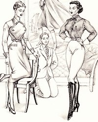 submissive man kneeling between strong women