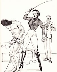 hooded man with his hands chained to his balls and testicles is viciously beaten by a dominatrix while another man watches in amused horror